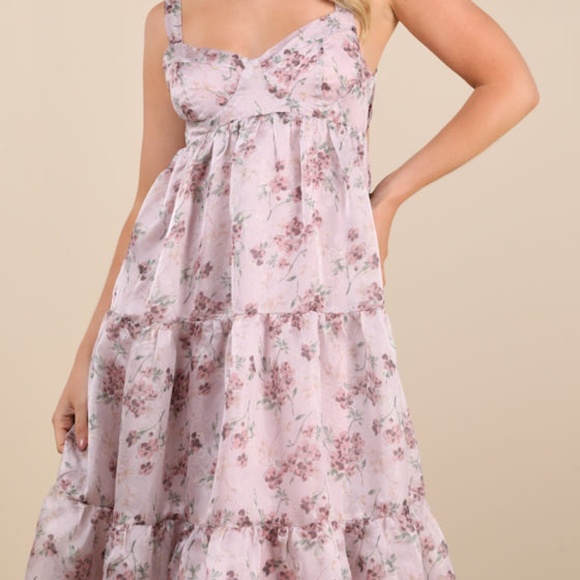 Lulus Marvelously Darling Mauve Floral Tiered Backless Midi Dress Purple - Picture 1 of 1